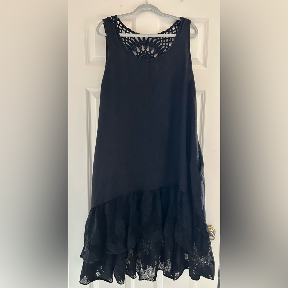 Cristina Vergani Black Linen Blend Crochet Lace Details Made in Italy Size L